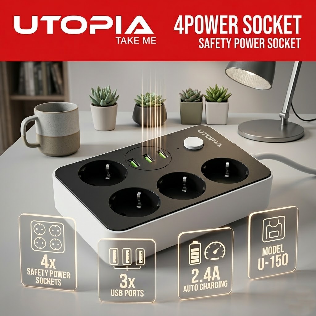 Utopia Power Extension Socket Surge Protector with 4 Outlets, 3 USB ports - Grey