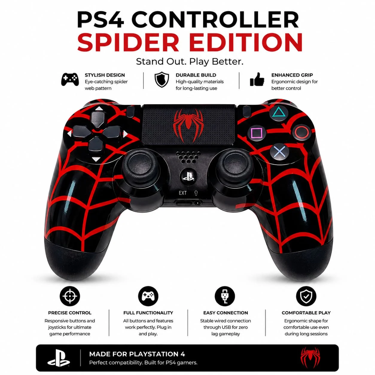 PS4 Spider Edition Wired Controller – Precision Gaming Gamepad